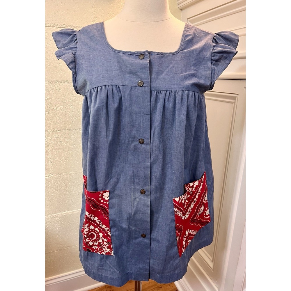 Vtg Katz Underground Smock Top‎ Size S Blue Red Bandanna Pockets Snap Buttons